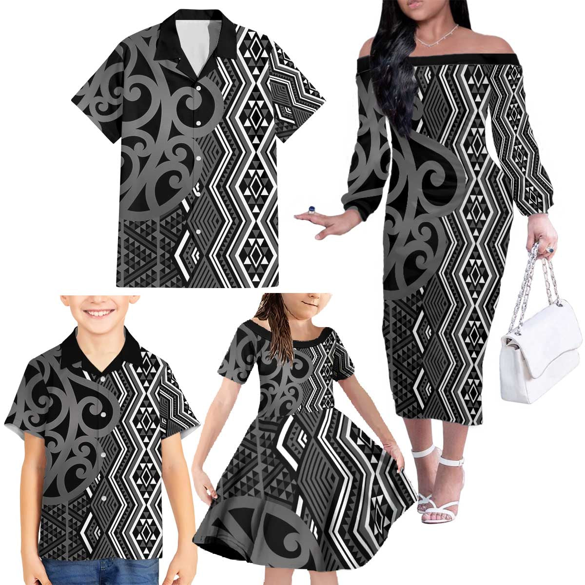Maori Taniko Patterns Family Matching Off The Shoulder Long Sleeve Dress and Hawaiian Shirt Black Patiki Motifs Mix Whakairo Ngaru