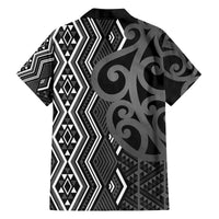 Maori Taniko Patterns Family Matching Off The Shoulder Long Sleeve Dress and Hawaiian Shirt Black Patiki Motifs Mix Whakairo Ngaru
