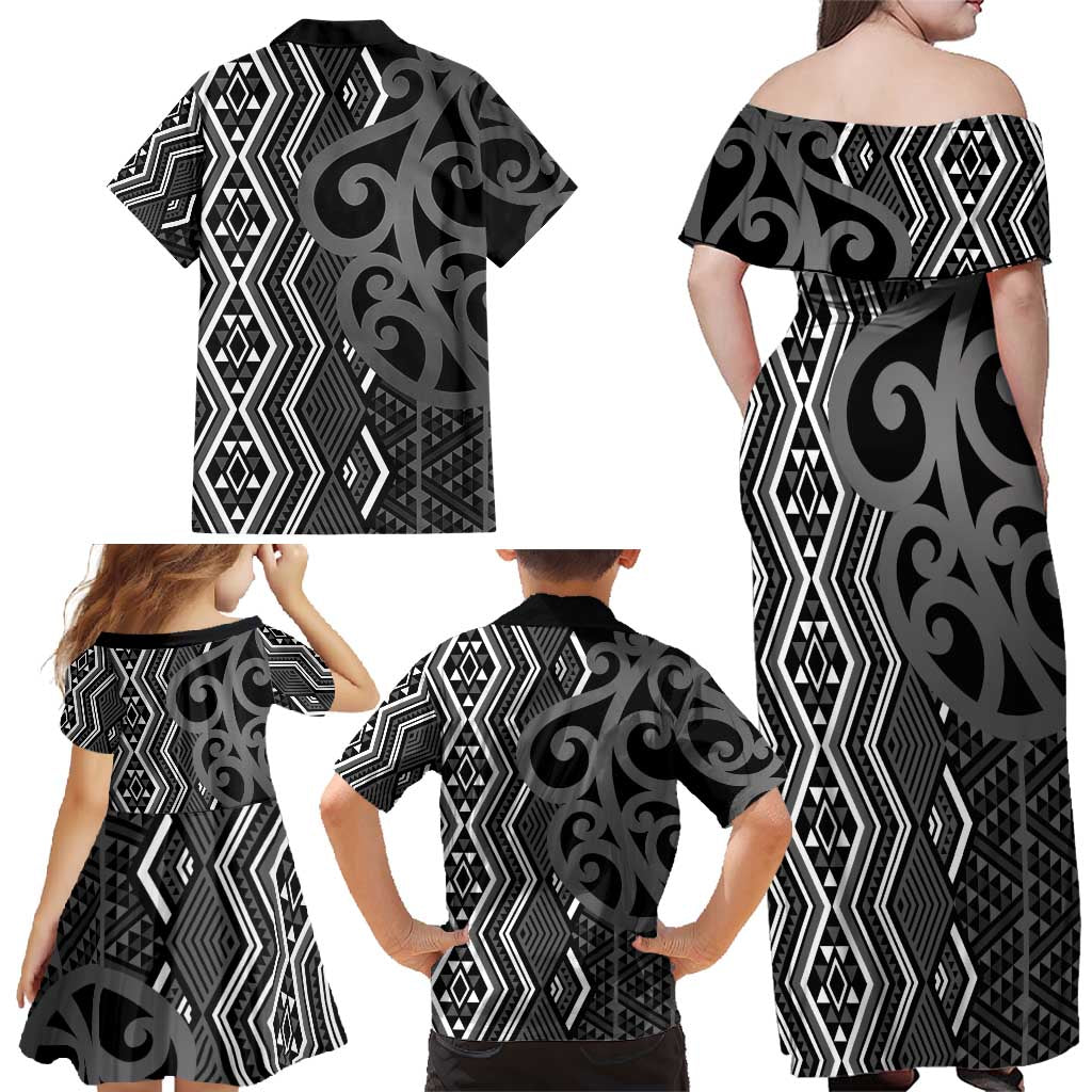 Maori Taniko Patterns Family Matching Off Shoulder Maxi Dress and Hawaiian Shirt Black Patiki Motifs Mix Whakairo Ngaru