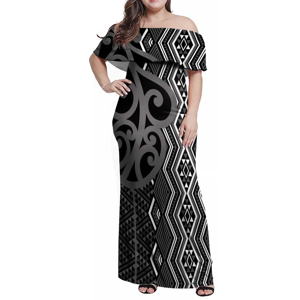 Maori Taniko Patterns Family Matching Off Shoulder Maxi Dress and Hawaiian Shirt Black Patiki Motifs Mix Whakairo Ngaru