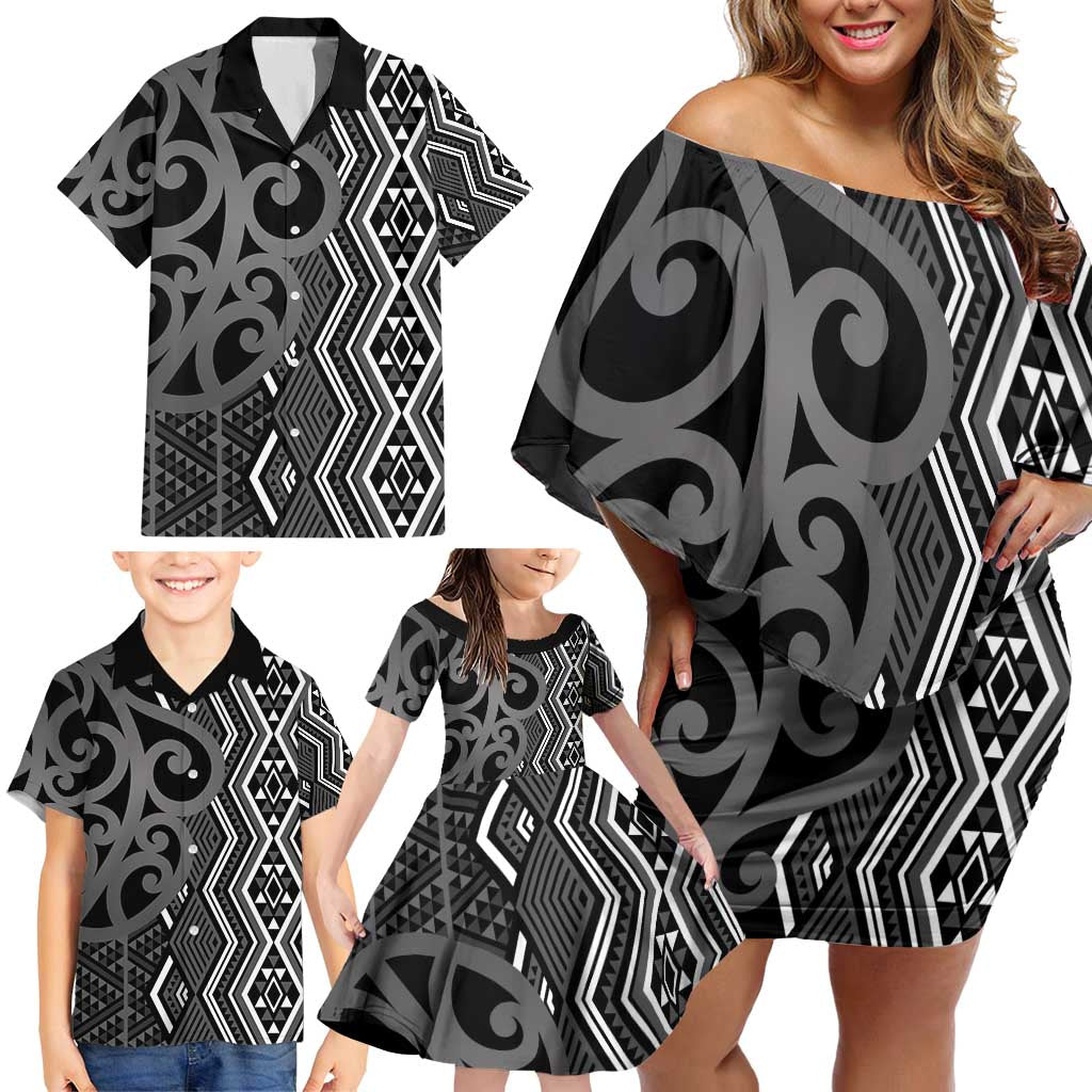 Maori Taniko Patterns Family Matching Off Shoulder Short Dress and Hawaiian Shirt Black Patiki Motifs Mix Whakairo Ngaru