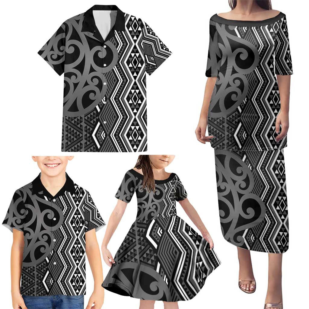 Maori Taniko Patterns Family Matching Puletasi and Hawaiian Shirt Black Patiki Motifs Mix Whakairo Ngaru