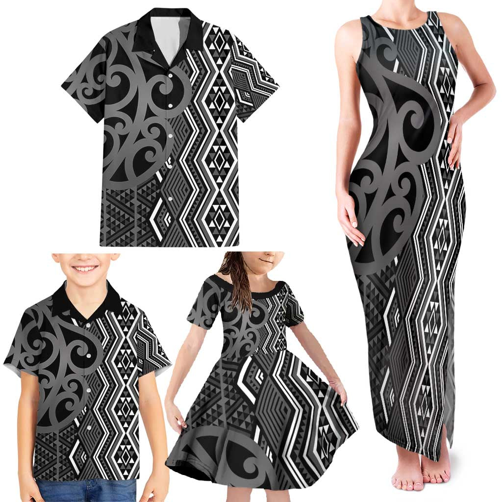 Maori Taniko Patterns Family Matching Tank Maxi Dress and Hawaiian Shirt Black Patiki Motifs Mix Whakairo Ngaru