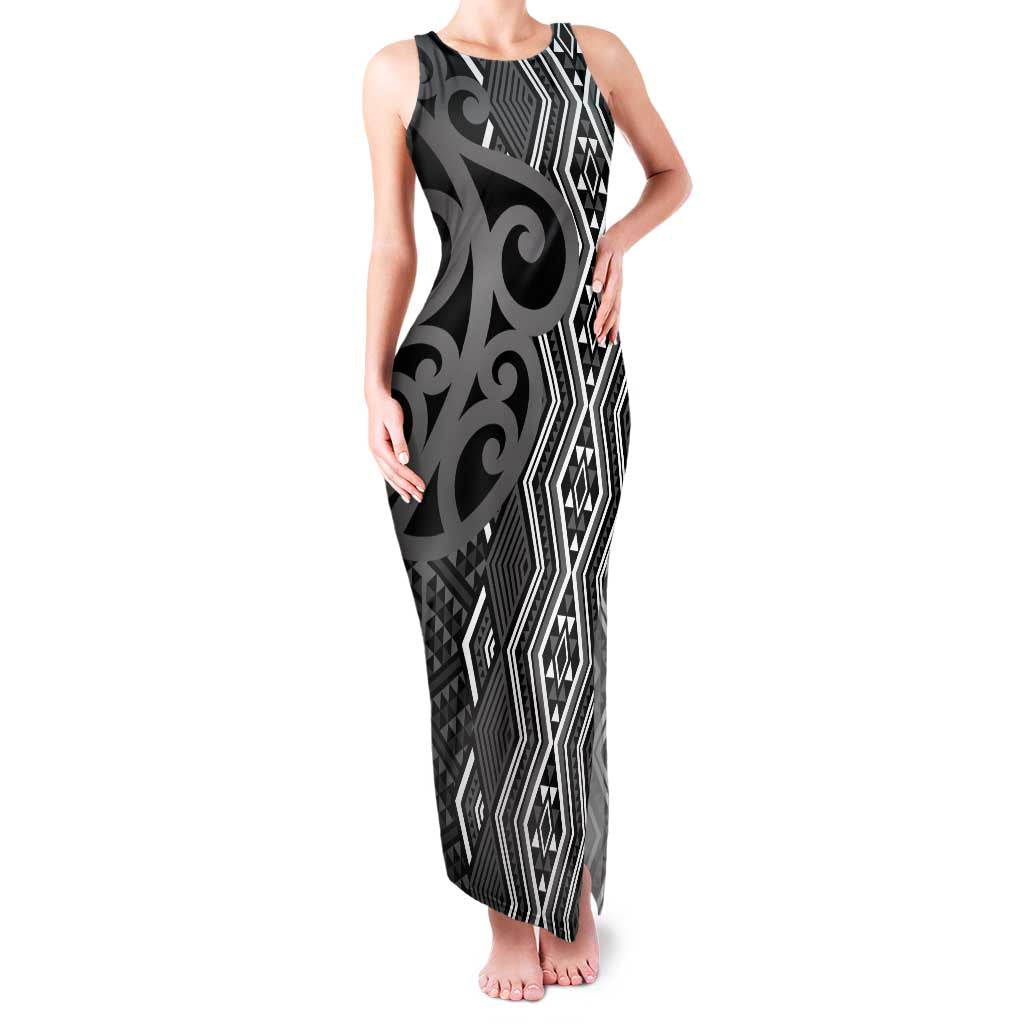 Maori Taniko Patterns Family Matching Tank Maxi Dress and Hawaiian Shirt Black Patiki Motifs Mix Whakairo Ngaru
