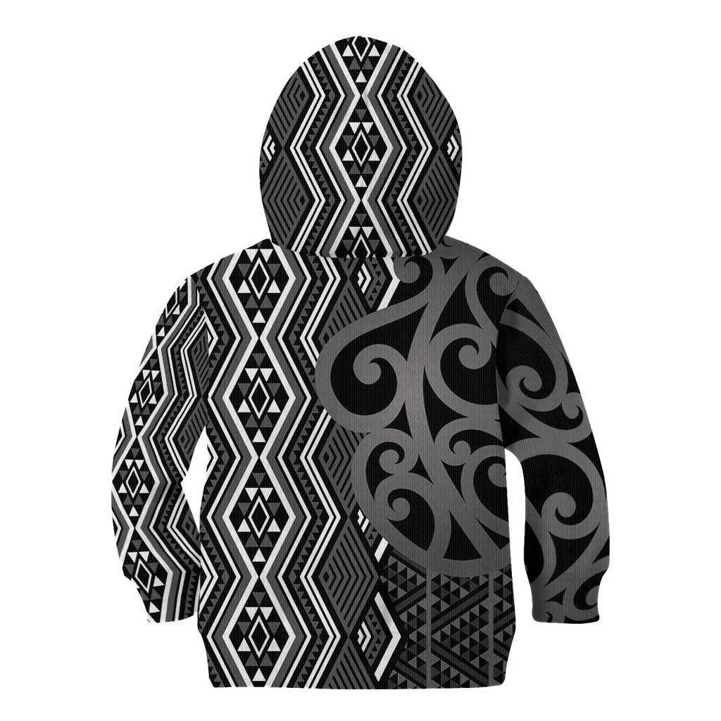 Maori Taniko Patterns Kid Hoodie Black Patiki Motifs Mix Whakairo Ngaru
