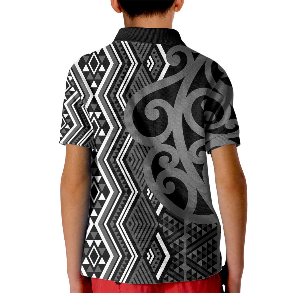 Maori Taniko Patterns Kid Polo Shirt Black Patiki Motifs Mix Whakairo Ngaru