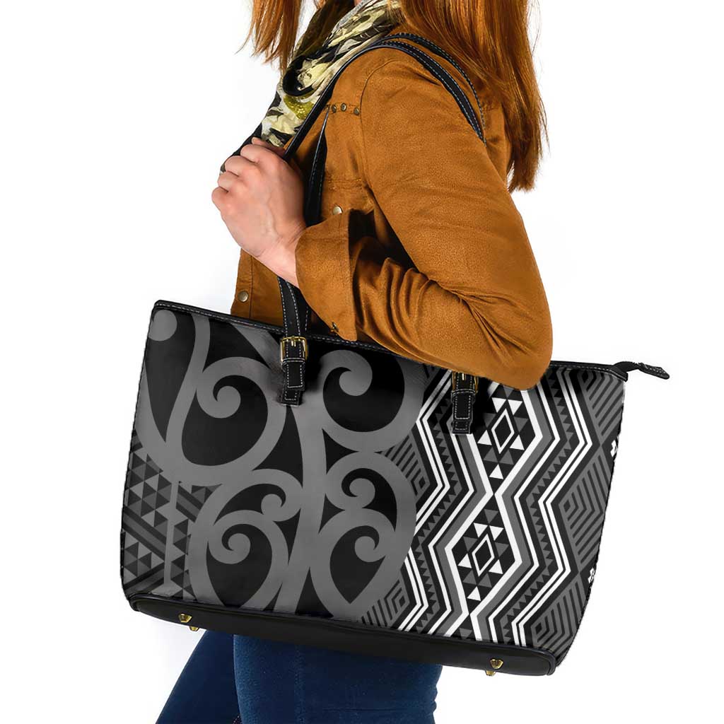 Maori Taniko Patterns Leather Tote Bag Black Patiki Motifs Mix Whakairo Ngaru