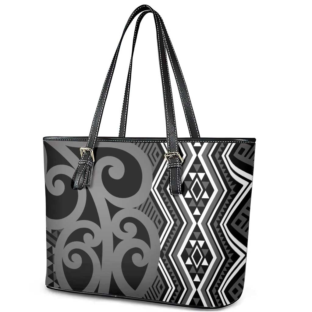 Maori Taniko Patterns Leather Tote Bag Black Patiki Motifs Mix Whakairo Ngaru