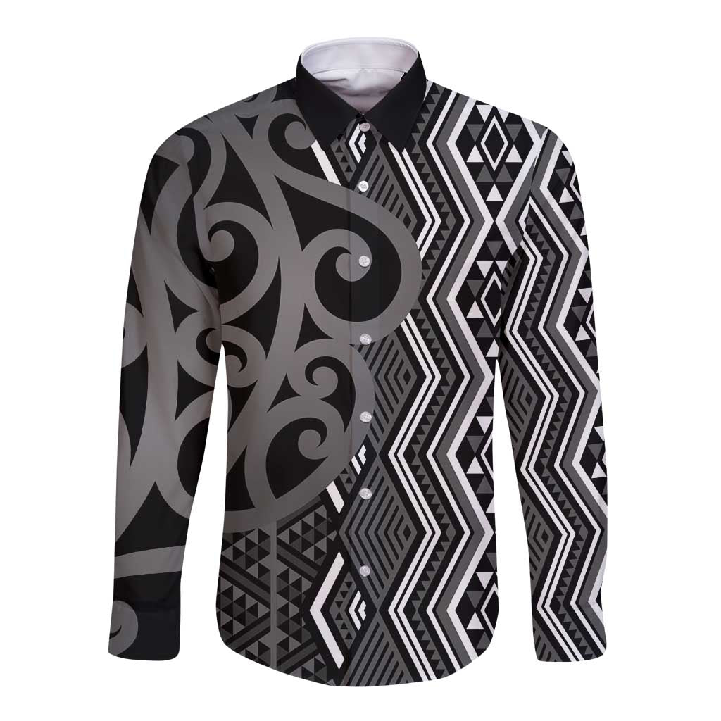 Maori Taniko Patterns Long Sleeve Button Shirt Black Patiki Motifs Mix Whakairo Ngaru LT7 Unisex Black - Polynesian Pride