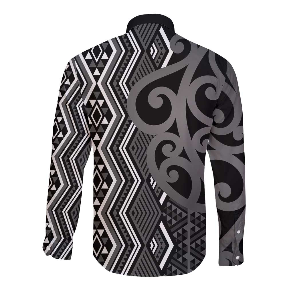 Maori Taniko Patterns Long Sleeve Button Shirt Black Patiki Motifs Mix Whakairo Ngaru LT7 - Polynesian Pride