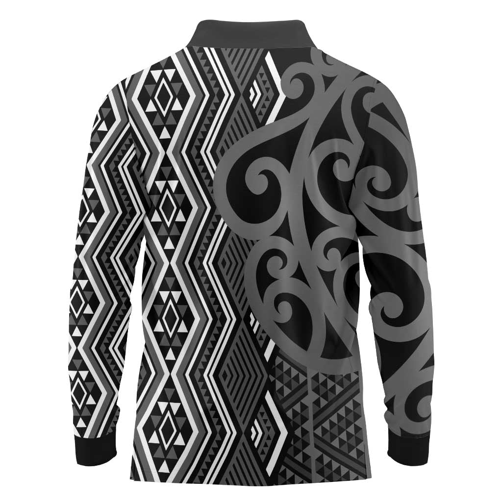 Maori Taniko Patterns Long Sleeve Polo Shirt Black Patiki Motifs Mix Whakairo Ngaru
