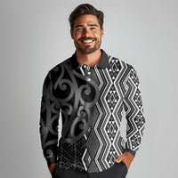 Maori Taniko Patterns Long Sleeve Polo Shirt Black Patiki Motifs Mix Whakairo Ngaru