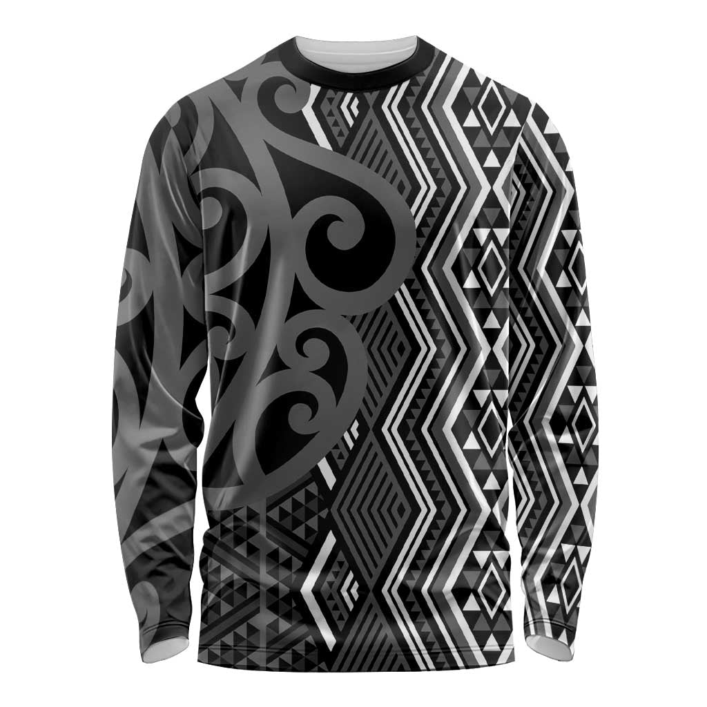 Maori Taniko Patterns Long Sleeve Shirt Black Patiki Motifs Mix Whakairo Ngaru LT7 Unisex Black - Polynesian Pride