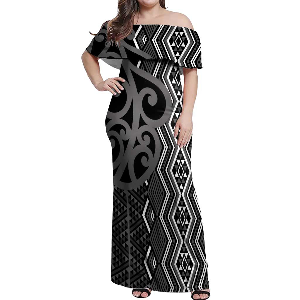Maori Taniko Patterns Off Shoulder Maxi Dress Black Patiki Motifs Mix Whakairo Ngaru LT7 Women Black - Polynesian Pride