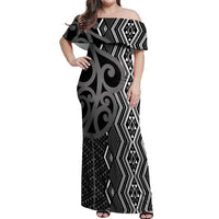 Maori Taniko Patterns Off Shoulder Maxi Dress Black Patiki Motifs Mix Whakairo Ngaru LT7 Women Black - Polynesian Pride