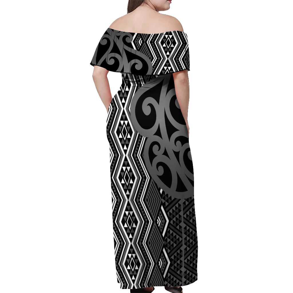 Maori Taniko Patterns Off Shoulder Maxi Dress Black Patiki Motifs Mix Whakairo Ngaru LT7 - Polynesian Pride