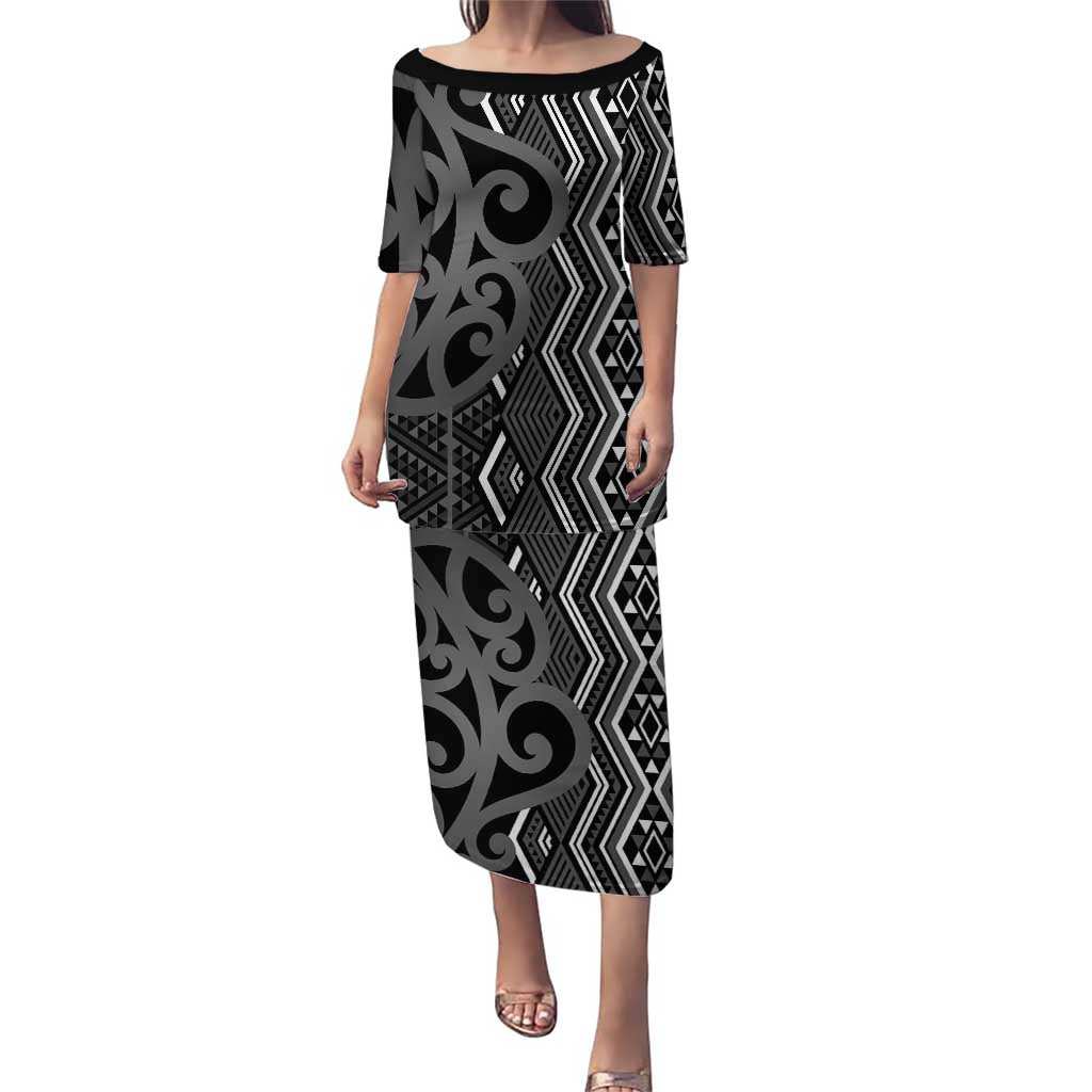 Maori Taniko Patterns Puletasi Black Patiki Motifs Mix Whakairo Ngaru LT7 Long Dress Black - Polynesian Pride