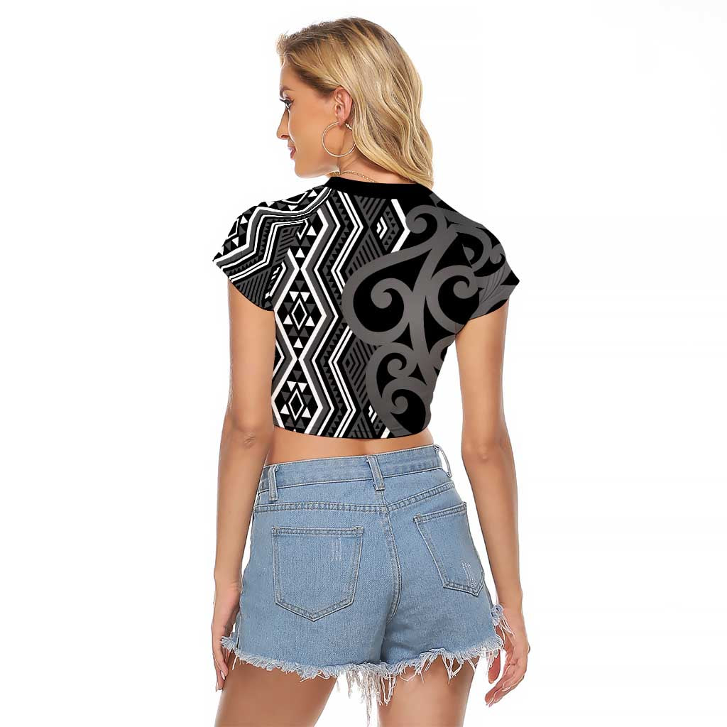 Maori Taniko Patterns Raglan Cropped T Shirt Black Patiki Motifs Mix Whakairo Ngaru LT7 - Polynesian Pride
