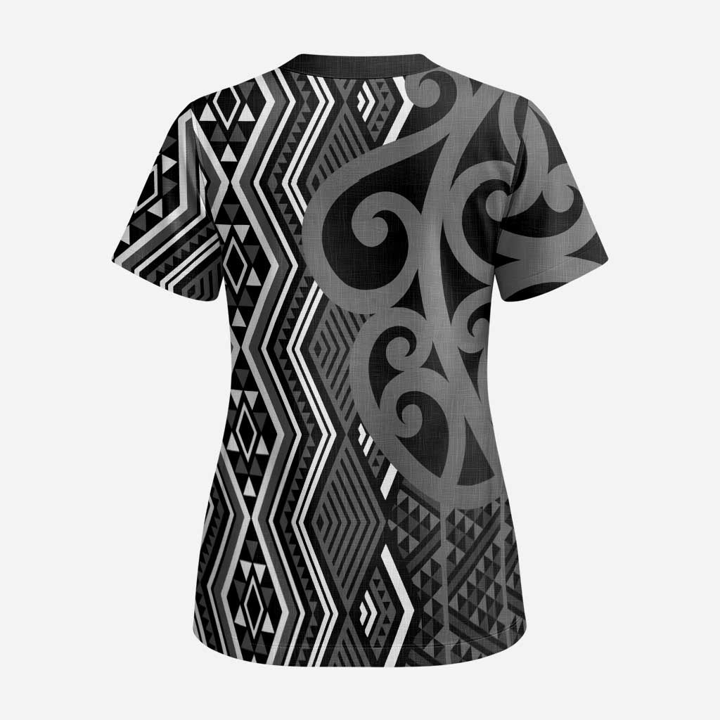Maori Taniko Patterns Scrub Top Black Patiki Motifs Mix Whakairo Ngaru LT7 - Polynesian Pride