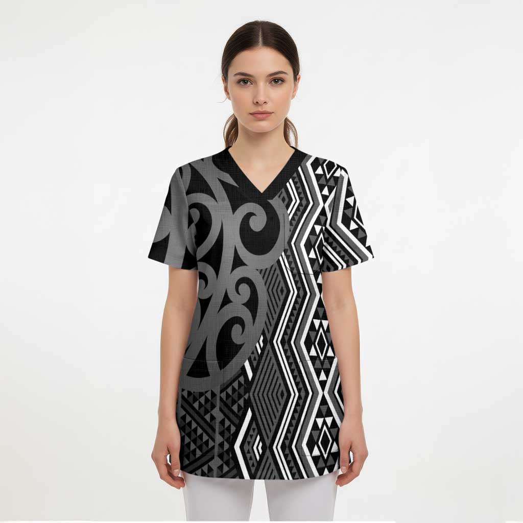 Maori Taniko Patterns Scrub Top Black Patiki Motifs Mix Whakairo Ngaru LT7 - Polynesian Pride