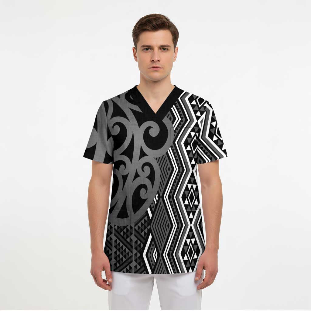 Maori Taniko Patterns Scrub Top Black Patiki Motifs Mix Whakairo Ngaru LT7 - Polynesian Pride