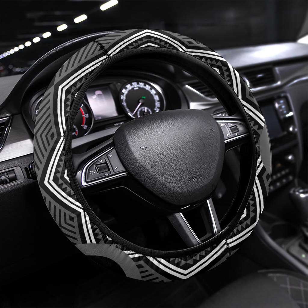 Maori Taniko Patterns Steering Wheel Cover Black Patiki Motifs Mix Whakairo Ngaru LT7 Universal Fit Black - Polynesian Pride