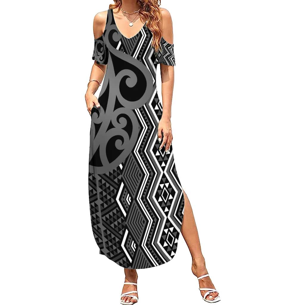 Maori Taniko Patterns Summer Maxi Dress Black Patiki Motifs Mix Whakairo Ngaru LT7 Women Black - Polynesian Pride