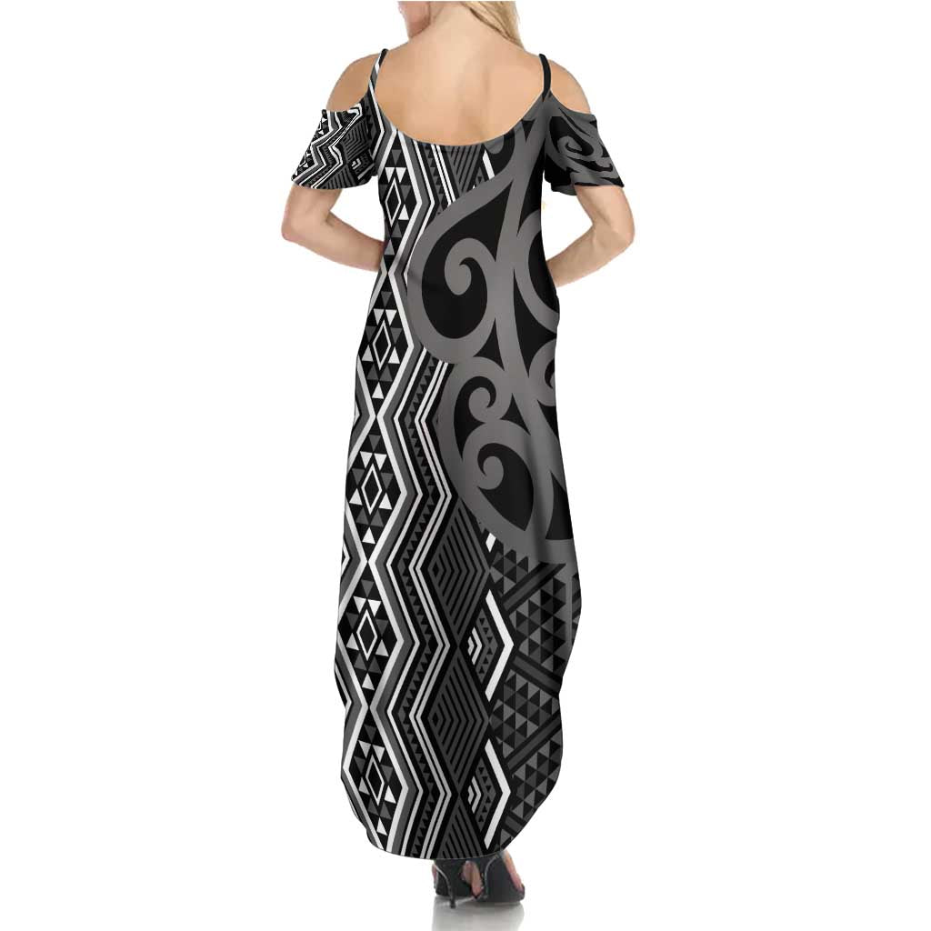 Maori Taniko Patterns Summer Maxi Dress Black Patiki Motifs Mix Whakairo Ngaru LT7 - Polynesian Pride