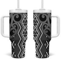 Maori Taniko Patterns Tumbler With Handle Black Patiki Motifs Mix Whakairo Ngaru LT7 One Size: 40 oz Black - Polynesian Pride