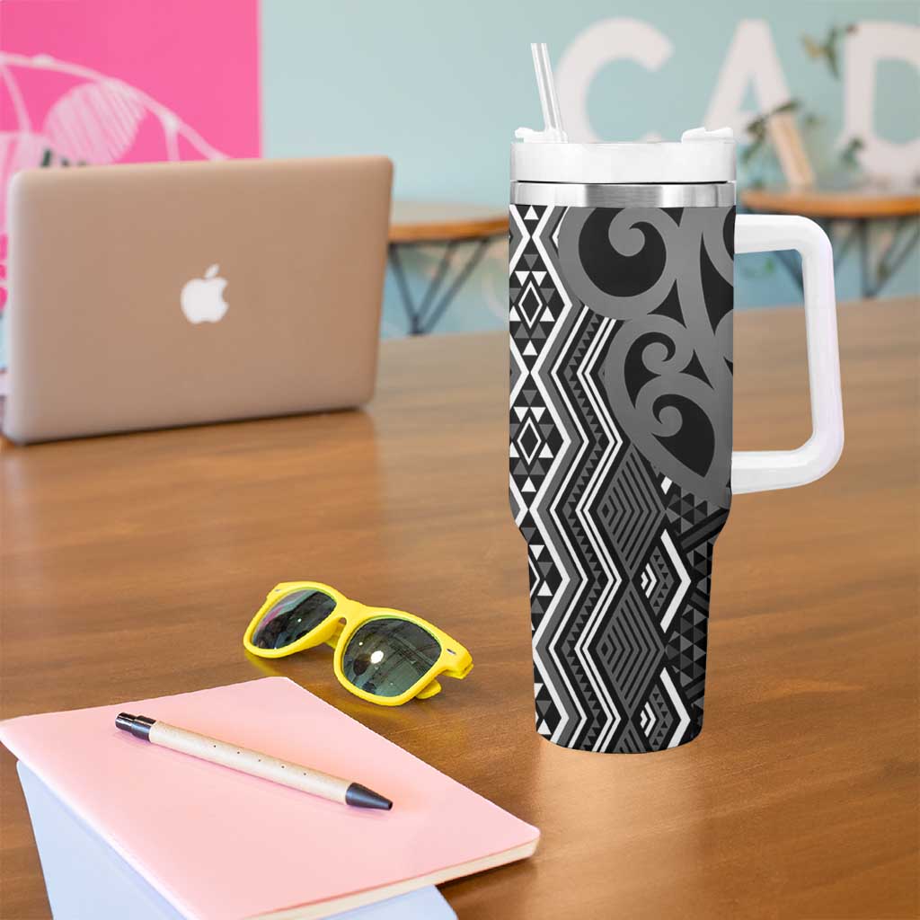 Maori Taniko Patterns Tumbler With Handle Black Patiki Motifs Mix Whakairo Ngaru LT7 - Polynesian Pride