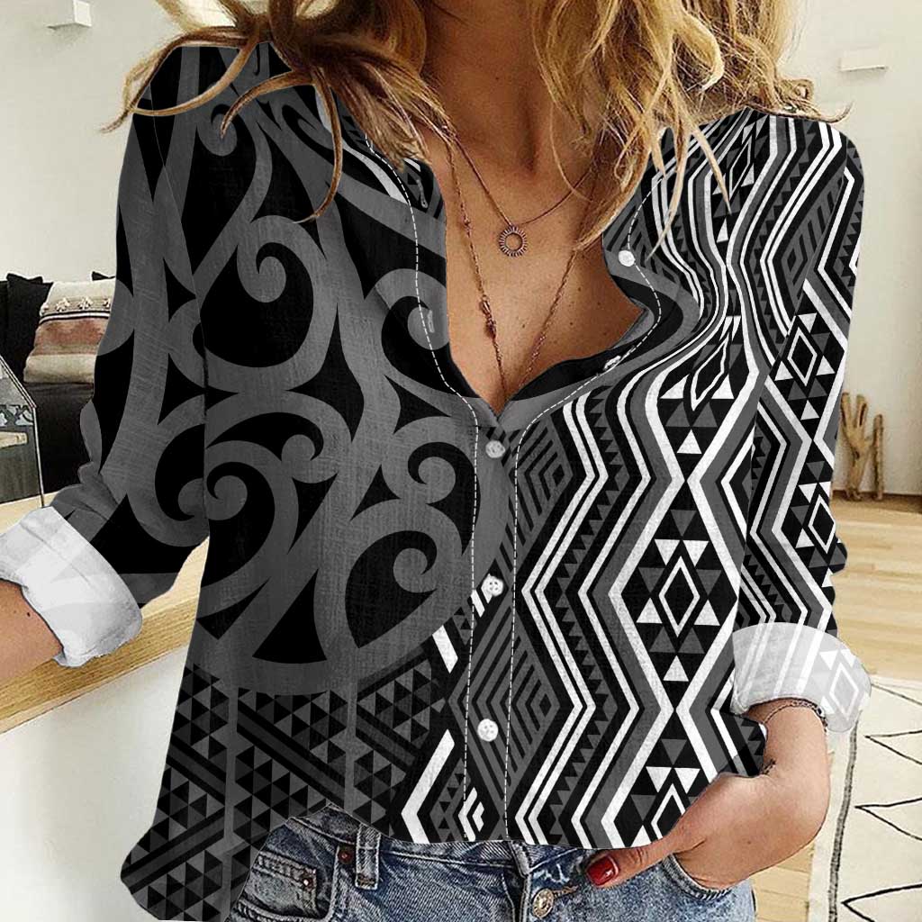 Maori Taniko Patterns Women Casual Shirt Black Patiki Motifs Mix Whakairo Ngaru