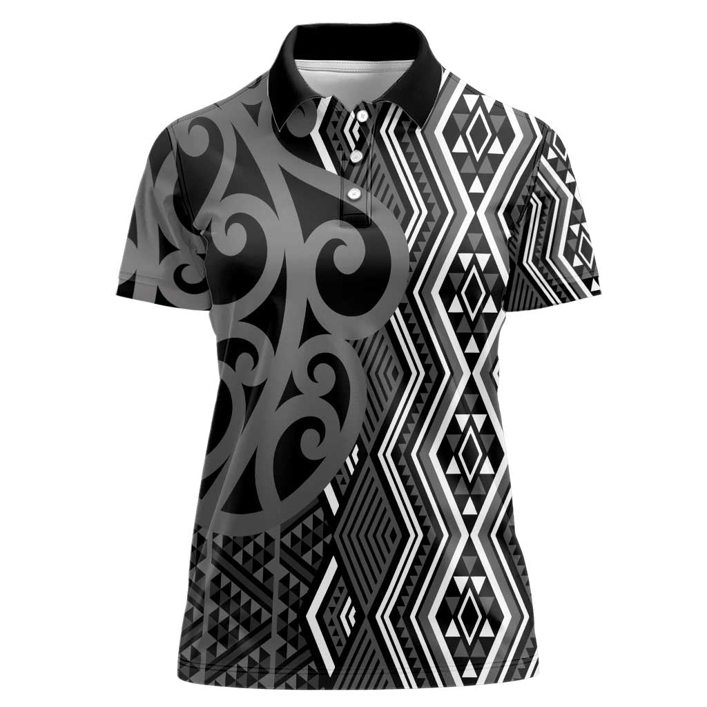 Maori Taniko Patterns Women Polo Shirt Black Patiki Motifs Mix Whakairo Ngaru