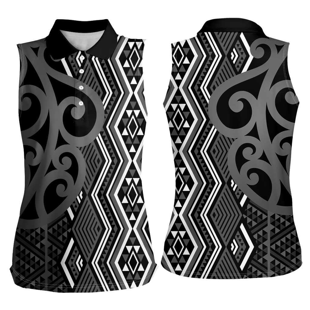 Maori Taniko Patterns Women Sleeveless Polo Shirt Black Patiki Motifs Mix Whakairo Ngaru