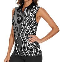 Maori Taniko Patterns Women Sleeveless Polo Shirt Black Patiki Motifs Mix Whakairo Ngaru
