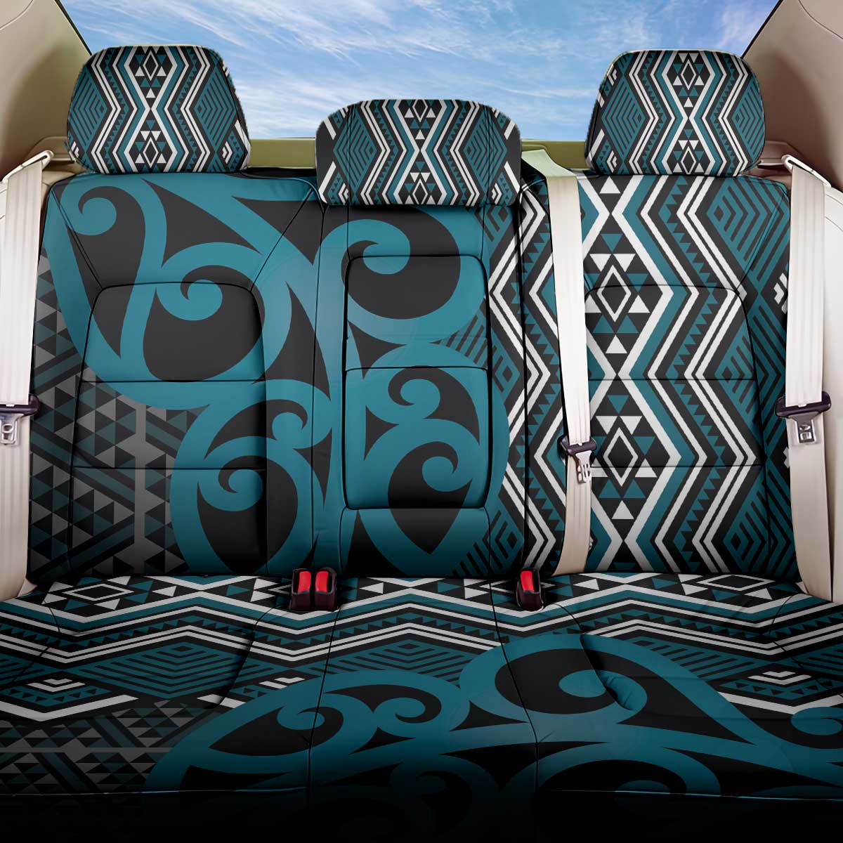 Maori Taniko Patterns Back Car Seat Cover Azure Patiki Motifs Mix Whakairo Ngaru