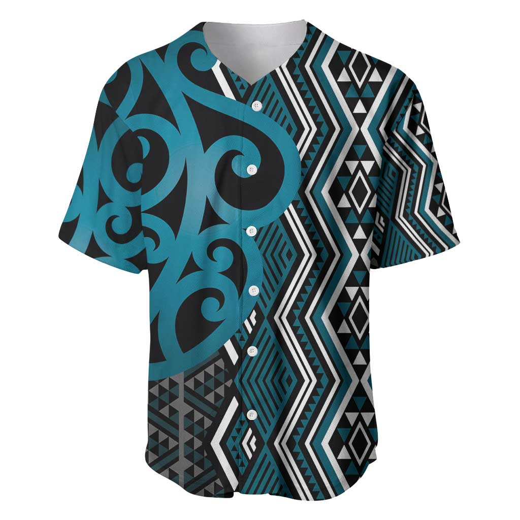 Maori Taniko Patterns Baseball Jersey Azure Patiki Motifs Mix Whakairo Ngaru