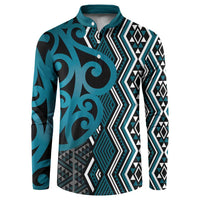 Maori Taniko Patterns Button Sweatshirt Azure Patiki Motifs Mix Whakairo Ngaru LT7 Azure - Polynesian Pride