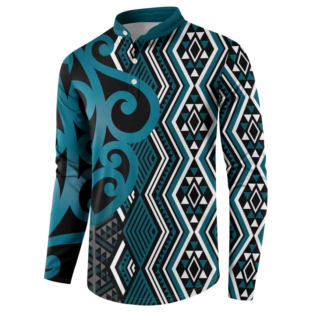 Maori Taniko Patterns Button Sweatshirt Azure Patiki Motifs Mix Whakairo Ngaru LT7 - Polynesian Pride