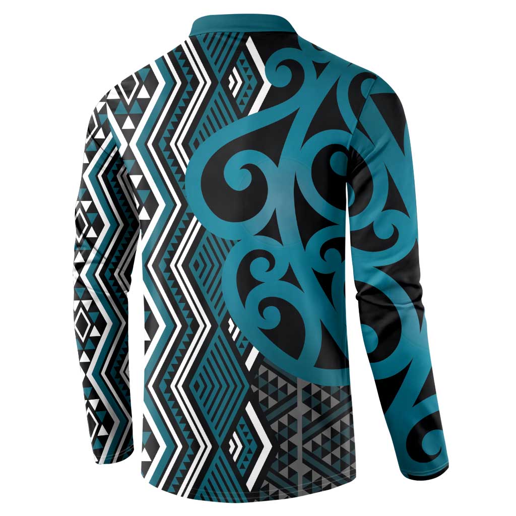 Maori Taniko Patterns Button Sweatshirt Azure Patiki Motifs Mix Whakairo Ngaru LT7 - Polynesian Pride