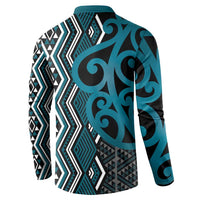Maori Taniko Patterns Button Sweatshirt Azure Patiki Motifs Mix Whakairo Ngaru LT7 - Polynesian Pride