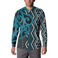 Maori Taniko Patterns Button Sweatshirt Azure Patiki Motifs Mix Whakairo Ngaru LT7 - Polynesian Pride