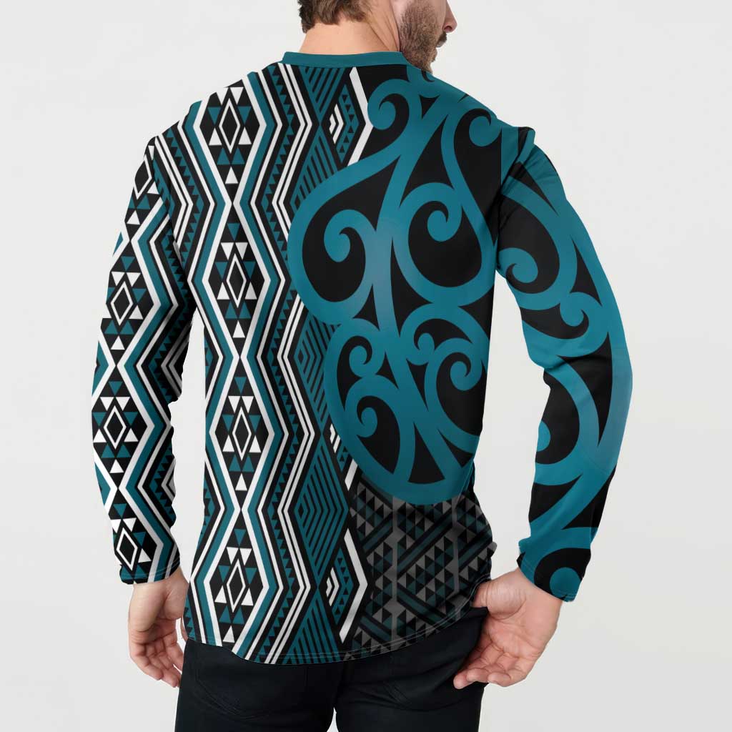 Maori Taniko Patterns Button Sweatshirt Azure Patiki Motifs Mix Whakairo Ngaru LT7 - Polynesian Pride
