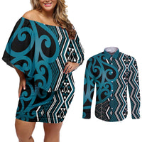 Maori Taniko Patterns Couples Matching Off Shoulder Short Dress and Long Sleeve Button Shirt Azure Patiki Motifs Mix Whakairo Ngaru