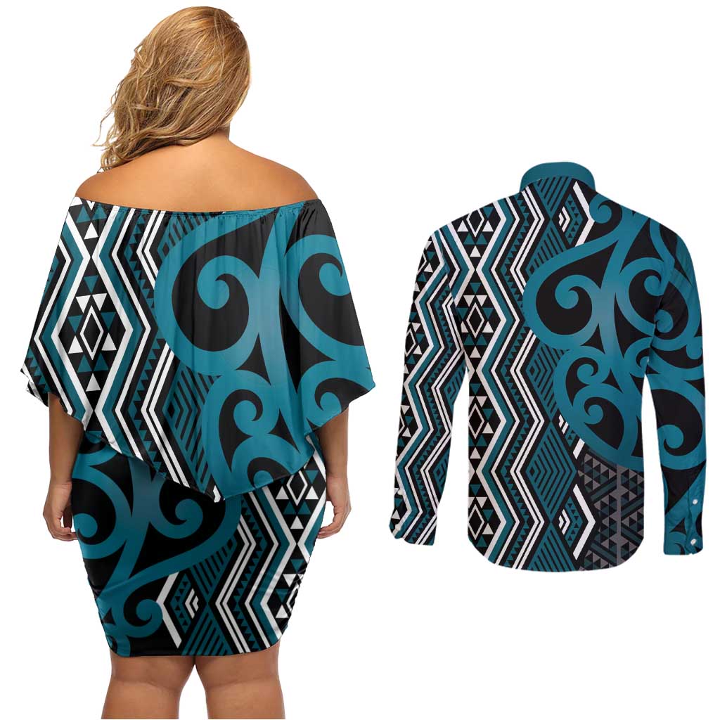 Maori Taniko Patterns Couples Matching Off Shoulder Short Dress and Long Sleeve Button Shirt Azure Patiki Motifs Mix Whakairo Ngaru