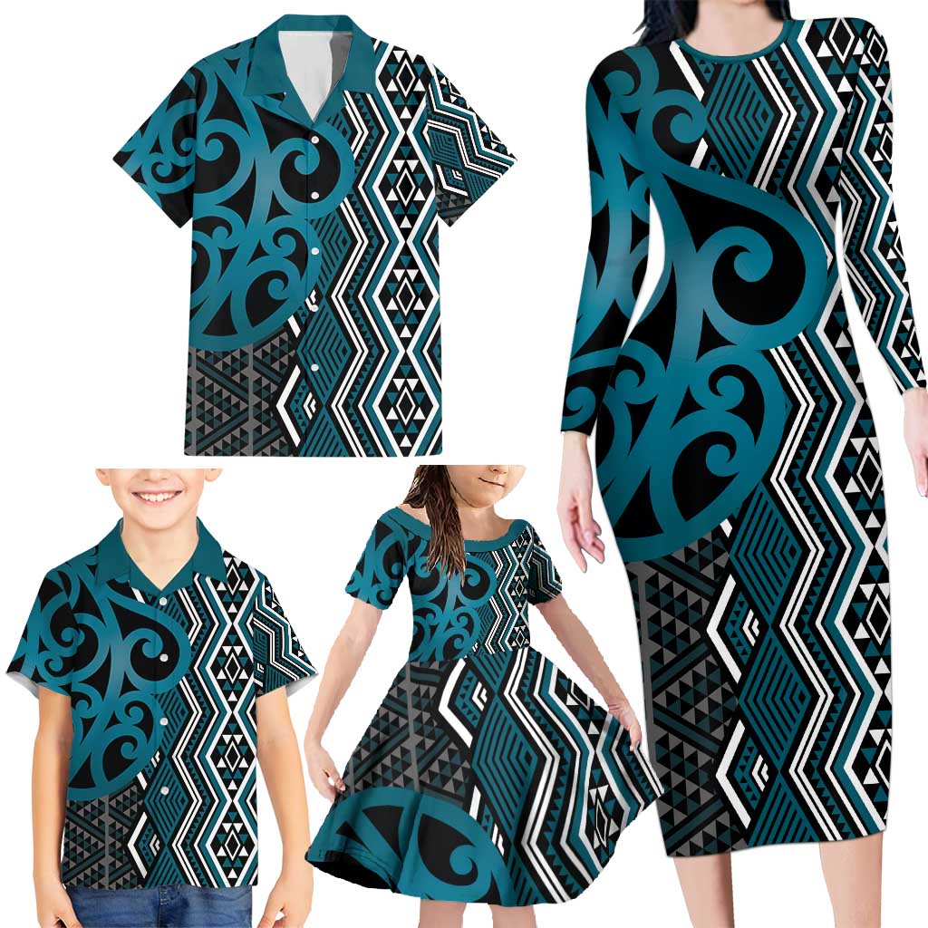 Maori Taniko Patterns Family Matching Long Sleeve Bodycon Dress and Hawaiian Shirt Azure Patiki Motifs Mix Whakairo Ngaru