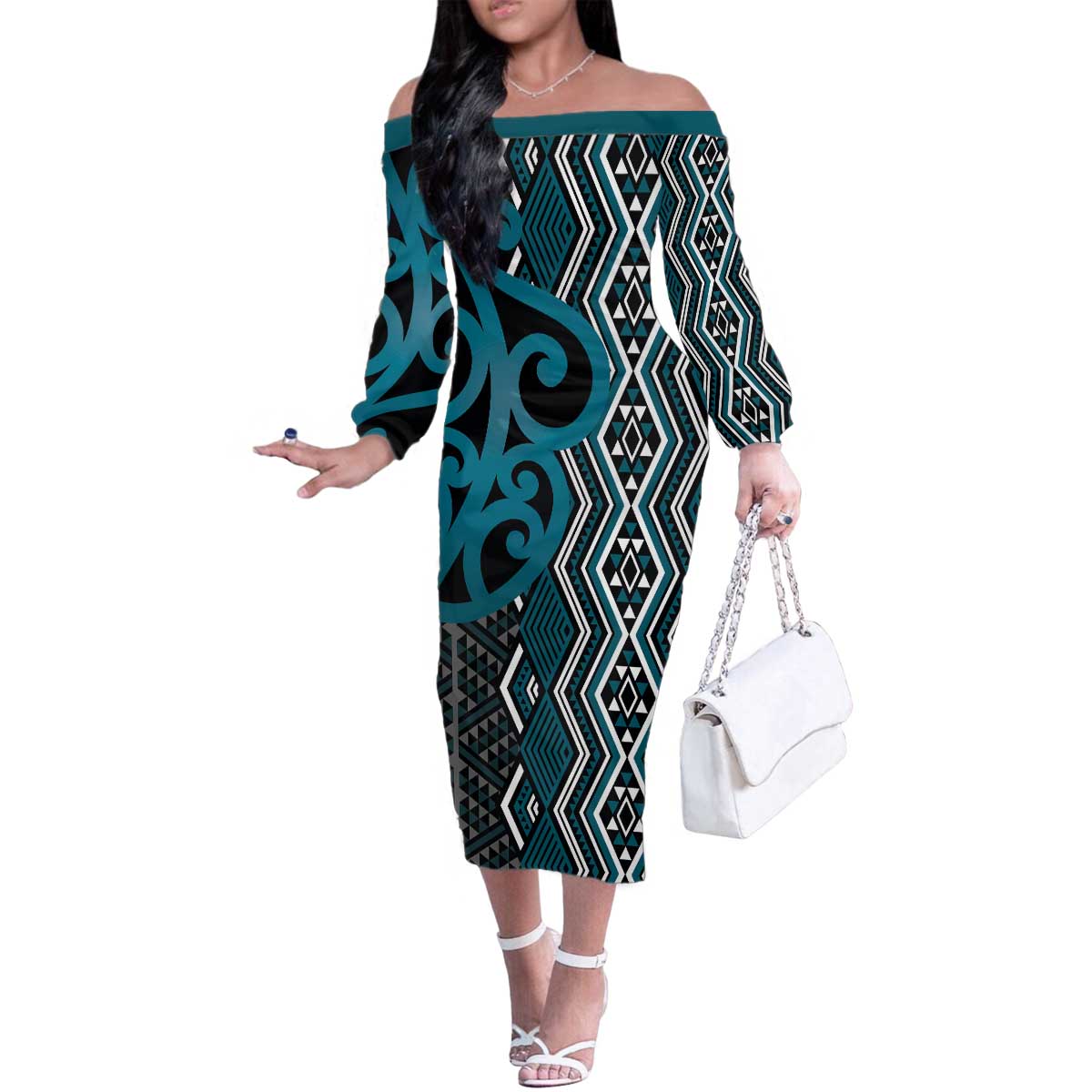 Maori Taniko Patterns Family Matching Off The Shoulder Long Sleeve Dress and Hawaiian Shirt Azure Patiki Motifs Mix Whakairo Ngaru