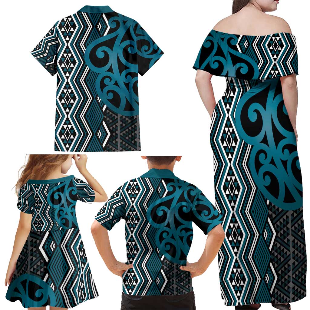 Maori Taniko Patterns Family Matching Off Shoulder Maxi Dress and Hawaiian Shirt Azure Patiki Motifs Mix Whakairo Ngaru