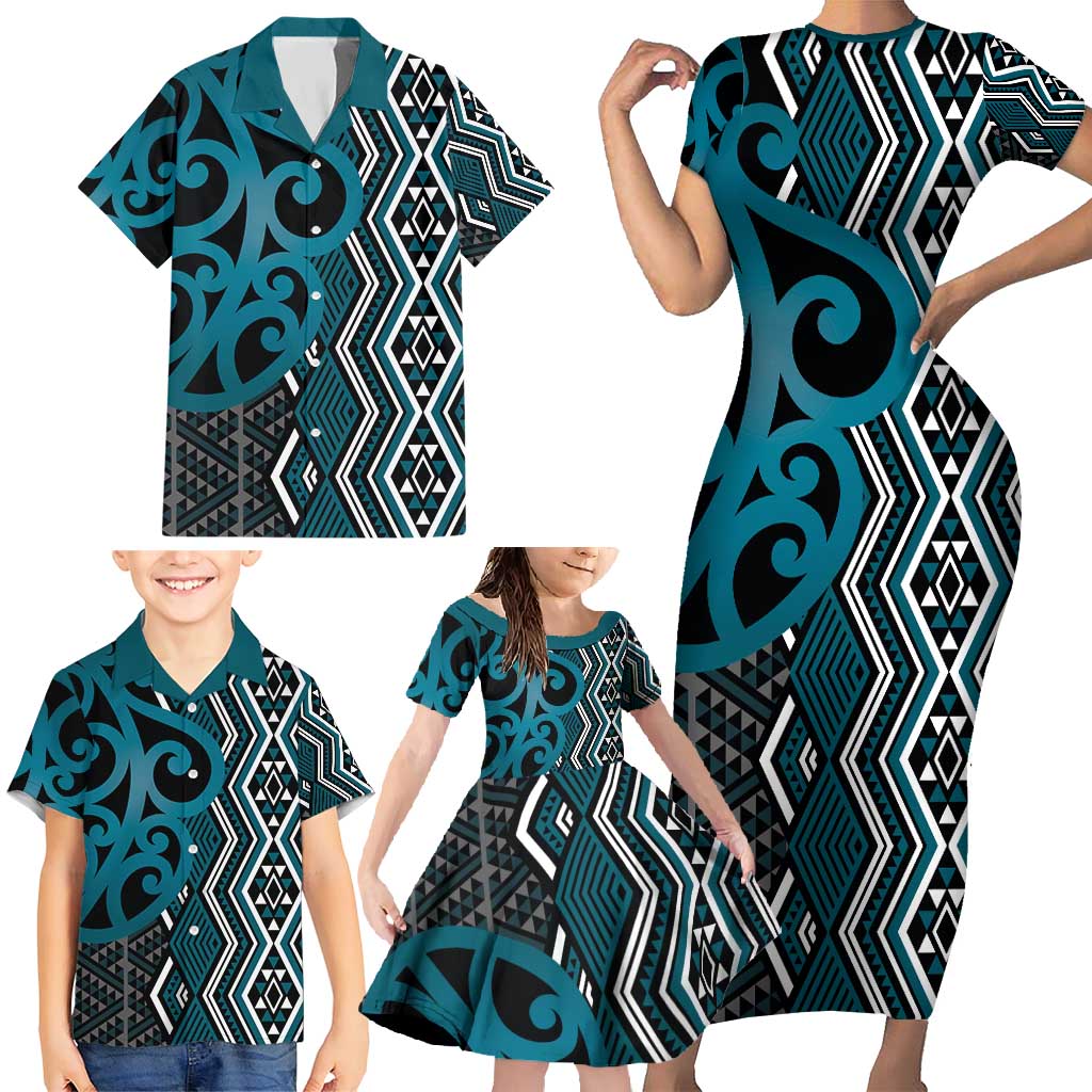 Maori Taniko Patterns Family Matching Short Sleeve Bodycon Dress and Hawaiian Shirt Azure Patiki Motifs Mix Whakairo Ngaru