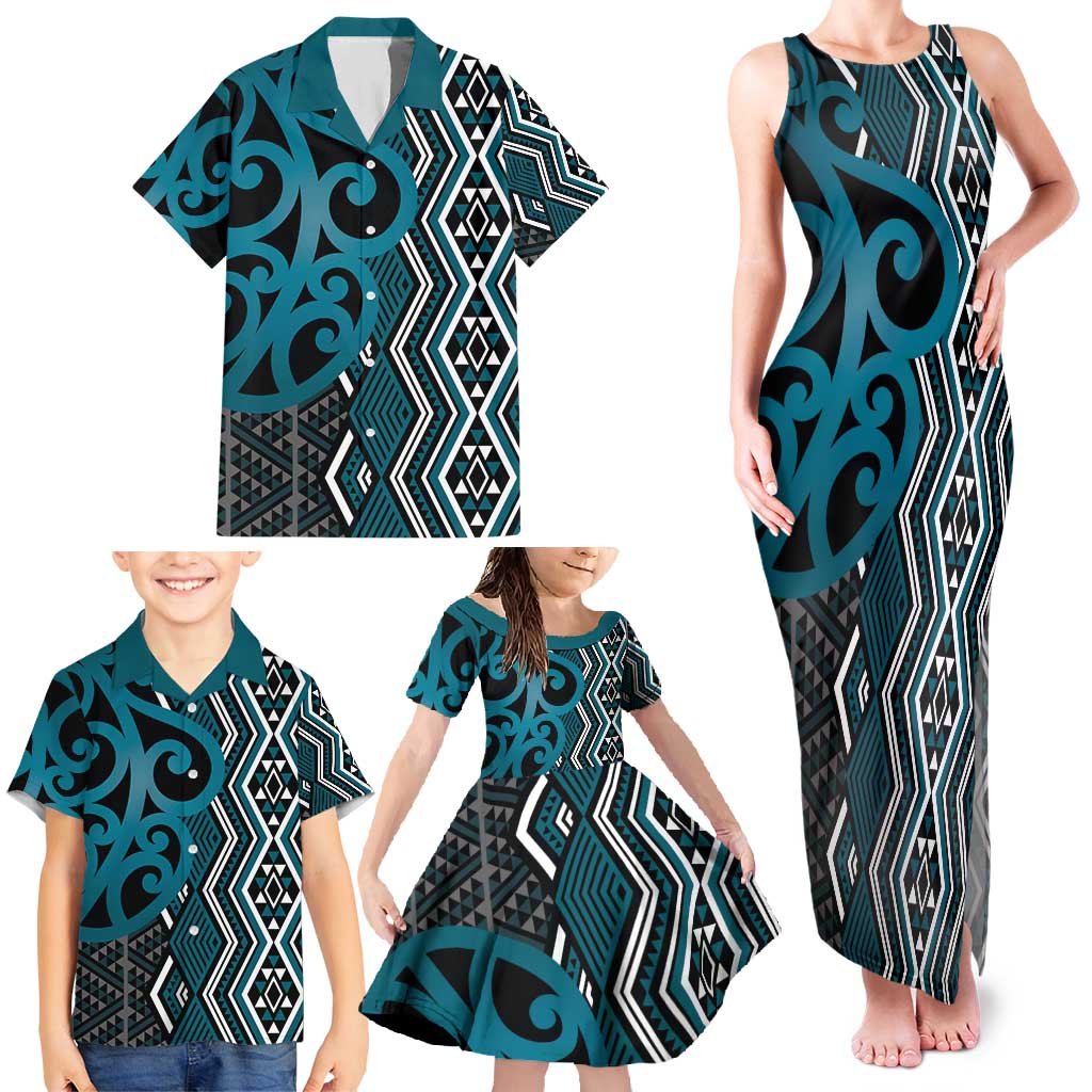 Maori Taniko Patterns Family Matching Tank Maxi Dress and Hawaiian Shirt Azure Patiki Motifs Mix Whakairo Ngaru