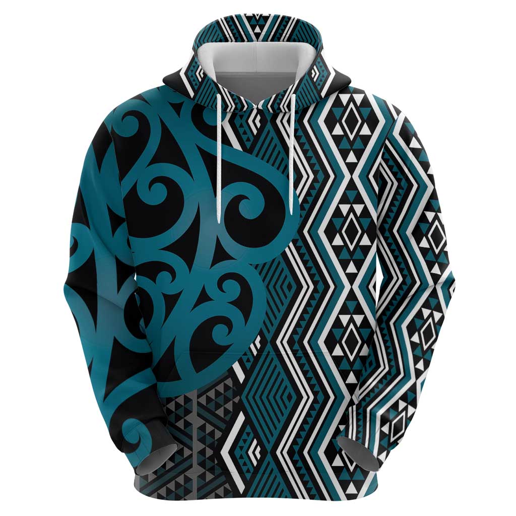 Maori Taniko Patterns Hoodie Azure Patiki Motifs Mix Whakairo Ngaru